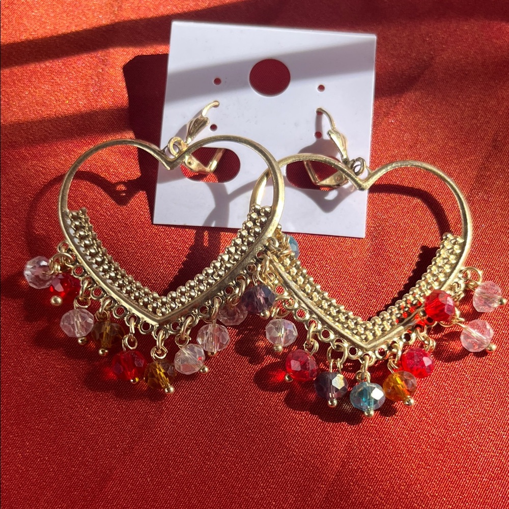 Gold Heart Dangle Earrings with Multicolor Beads